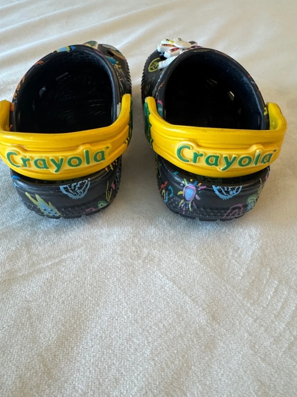 CROCS Kids Black Clog with Yellow Strap and Colorful Crayola Print
